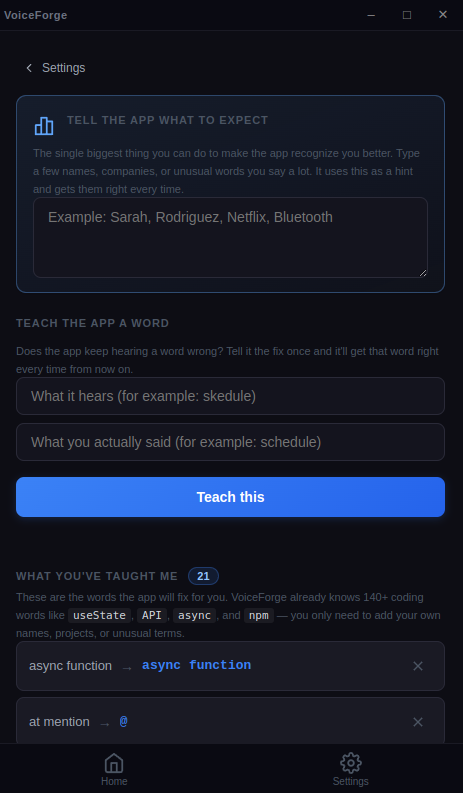 Corrections screen with "Tell the app what to expect" hints, teach-a-word input, and a list of learned corrections.