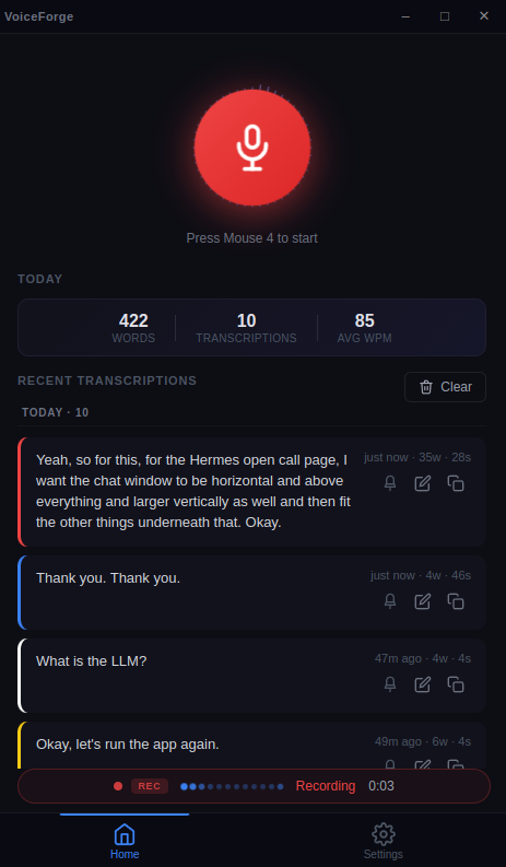 VoiceForge actively recording — red microphone with live audio waveform and a running timer.