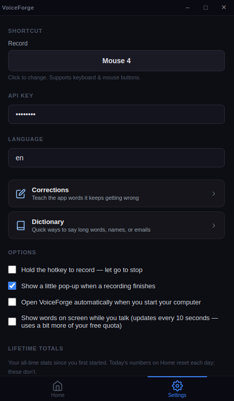 VoiceForge settings screen showing the record shortcut, language, corrections and dictionary cards.