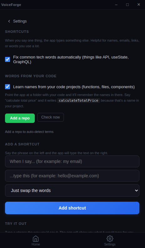 Shortcuts settings with code-project learning and an add-a-shortcut form mapping spoken phrases to typed text.